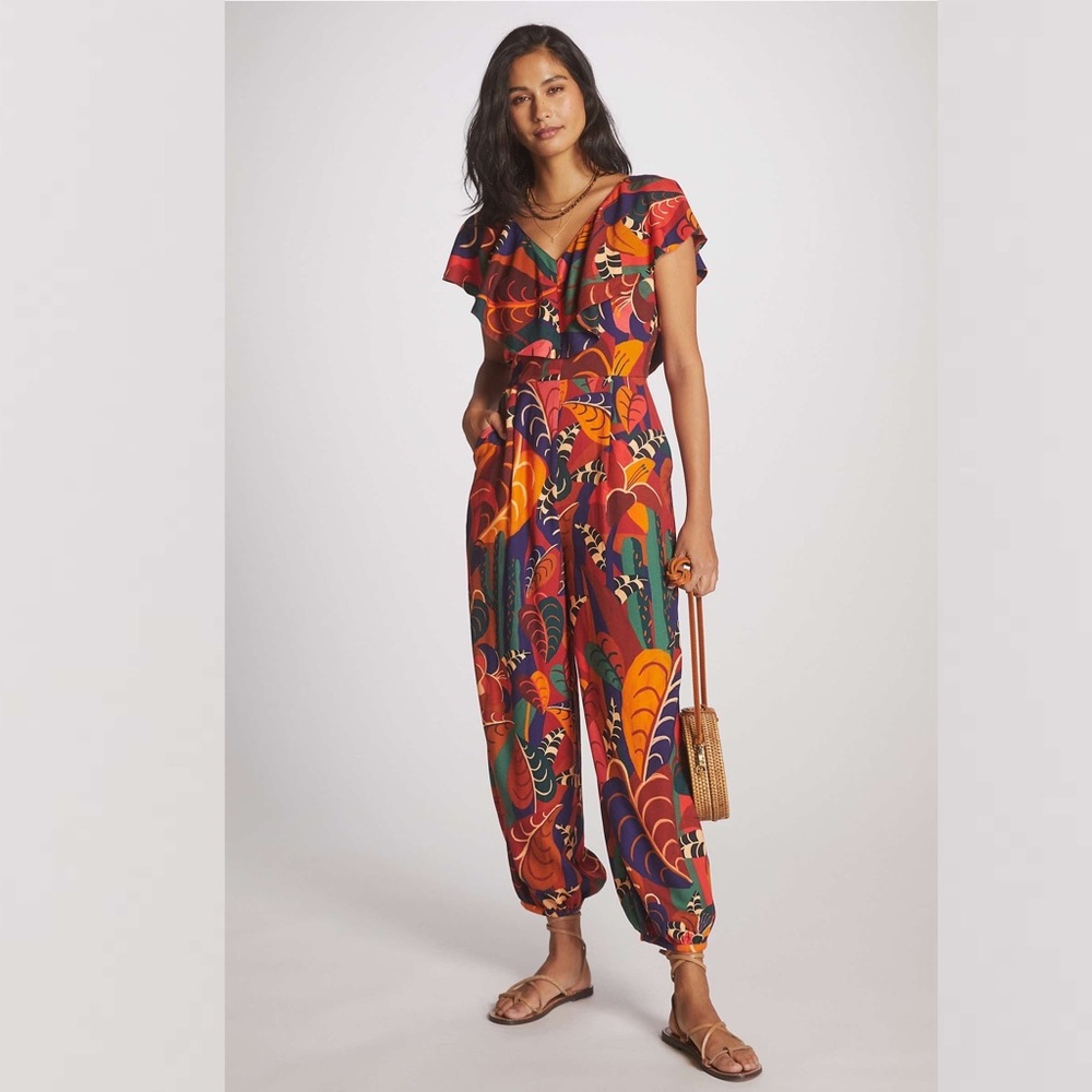Anthropologie Farm Rio Ruffled Jumpsuit Multicoloured, Red - Picture 1 of 3